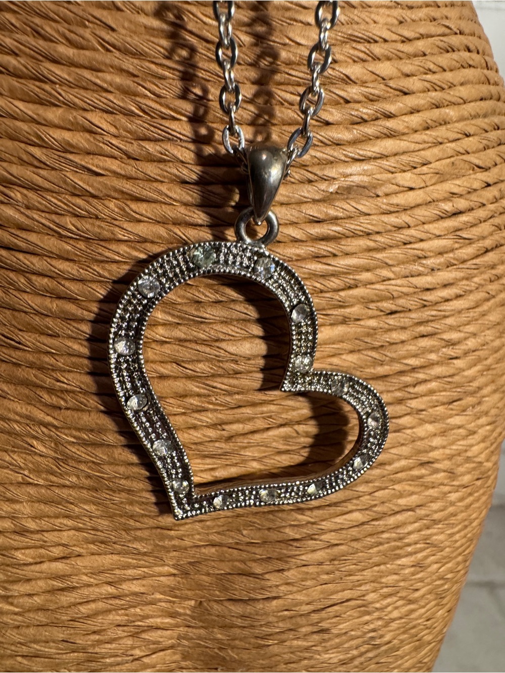 Silver Tone Open Heart Rhinestone Pendant Necklace – Long Chain (20-22")